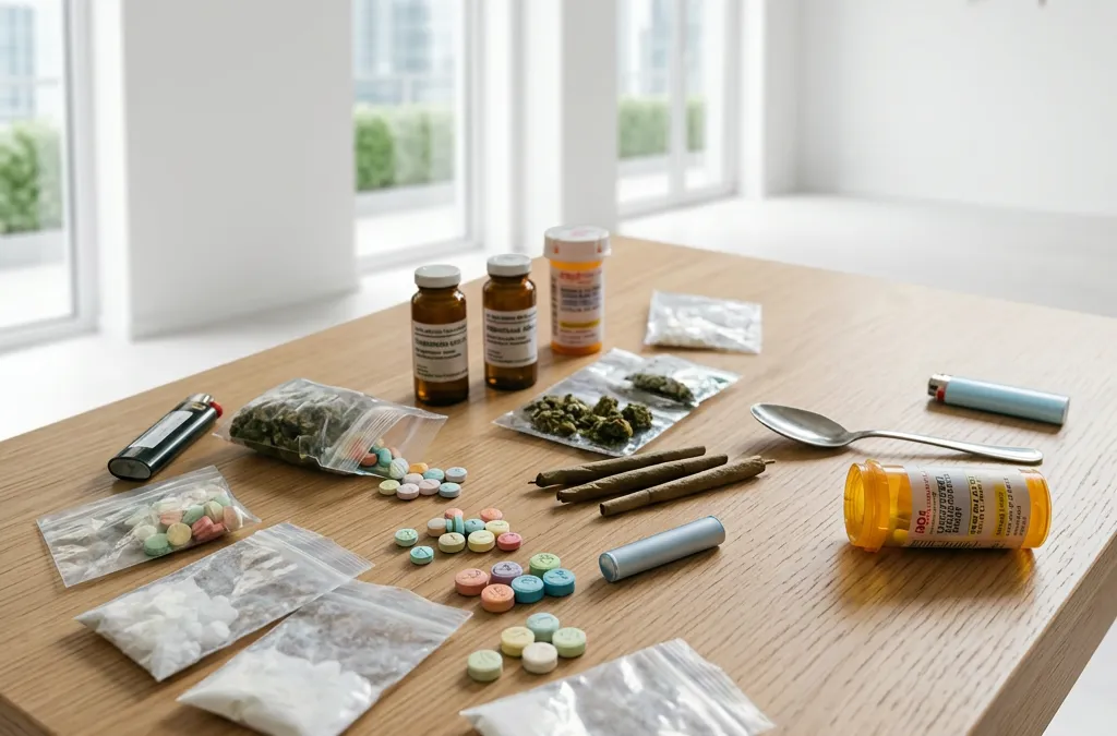 Table with prescription bottles, colorful pills, small plastic bags of substances, rolled joints, cash, lighters, and a spoon