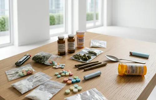 Table with prescription bottles, colorful pills, small plastic bags of substances, rolled joints, cash, lighters, and a spoon
