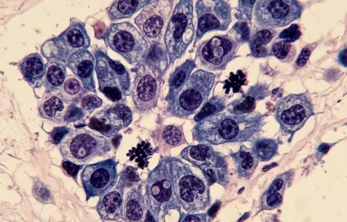 Cluster of stained cells displaying various mitosis stages under microscope