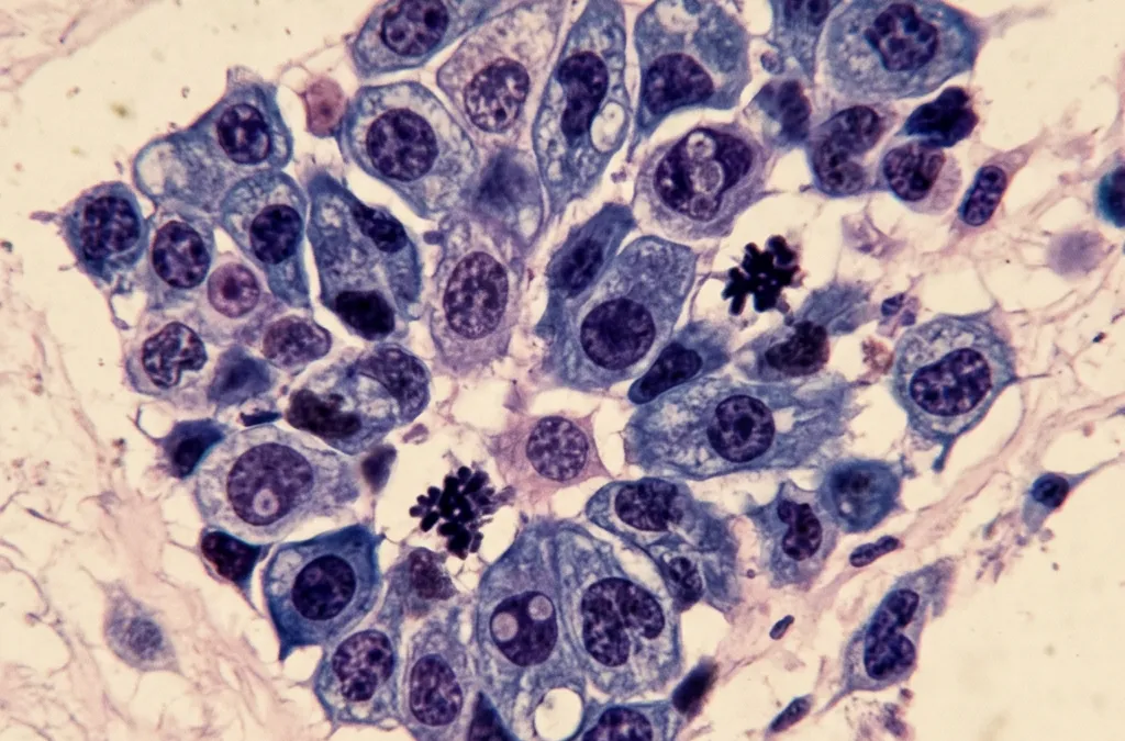 Cluster of stained cells displaying various mitosis stages under microscope