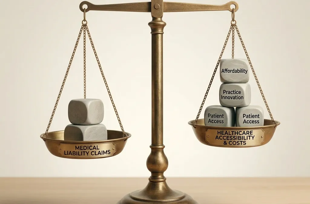 A balance scale with medical liability claims on one side and healthcare accessibility and costs labeled blocks on the other.